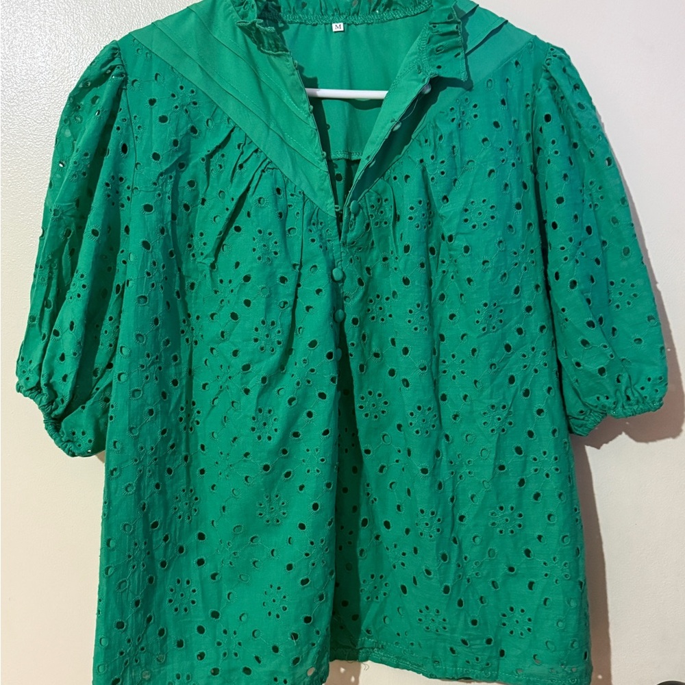 Amazon Green Women's Button Down Eyelet Shirt